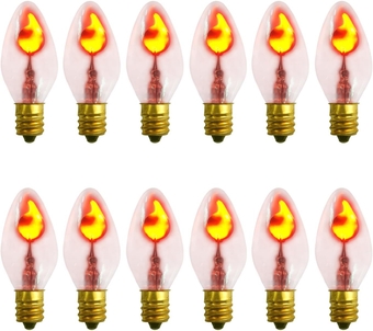 Christmas Flickering Flame Light Bulbs C7 Clear Edison Flame Light Bulbs with Orange Glow, 1 Watt E12 Candelabra Light Bulb for String Light Night Light Candle Chandelier Halloween Xmas Decor, 12 Pack