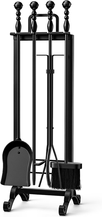 5 Pcs Fireplace Tools Set, 30-inch Large Wrought Iron Fire Tool Set w/Anti-rust Coating, Fire Poker, Tongs, Shovel, Stands, Brush for Indoor/Outdoor Modern Fireplace Accessories Set, Black