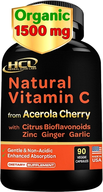 Natural Vitamin C from Organic Acerola Cherry - High Absorption - with Garlic Ginger & Citrus Bioflavonoids - Immune System & Collagen Booster - Anti Aging Skin Vitamins