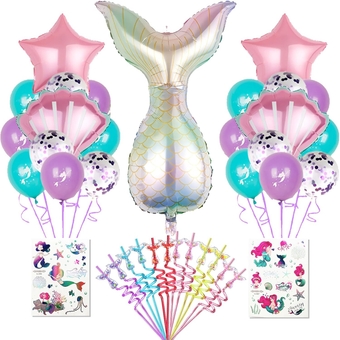 Mermaid Party Decorations, Mermaid Treasure Box for Birthday Party Supplies, Party Favors for Kids with 12 Glitter Reusable Mermaid Straws, 23Mermaid Balloons,2 Temporary Tattoos+1 Brush