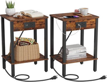Set of 2 End Table with Charging Station, Narrow Side Table with USB Ports and Outlets, Nightstands with 2-Tier Storage Shelves, Sofa Table for Small Space Living Room Bedroom