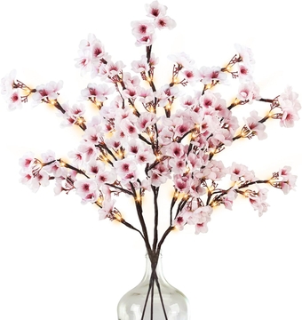 3PCS Lighted Cherry Blossom Branches, 30in Artificial Cherry Blossom Flowers with 60 LED Lights Timer Battery Operated Lighted Twig Branches for Vases Wedding Party Home Indoor Decor