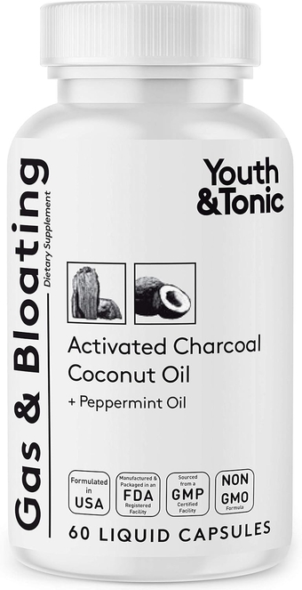 Activated Charcoal Pills for Bloating and Gas Relief w/ Peppermint & Organic Coconut Oil | Active Charcoal Powder in Liquid Capsules for Stomach & Digestive System | Natural Detox for Men & Women