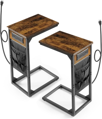C Shaped End Table with Charging Station Set of 2, Small Side Table for Sofa Couch and Bed, Sectional Slide Under Couch Table for Living Room, Bedroom