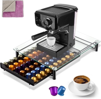 Coffee Pod Storage Drawer, Compatible with 60 Nespresso OriginalLine Capsules, Nespresso Pods Holder with Tempered Glass Top, Coffee Pod Organizer Storage for Nespresso -Send 1 Cleaning Rag
