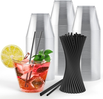 Clear Plastic Cups With Straws 100 Pack - Clear Tumbler - 9 Oz Plastic Cups Disposable Cups Plastic Tumblers - Cocktail Cups, Party Cups With Straws - For Parties, Events And Weddings