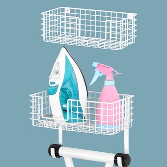 Ironing Board Hanger Wall Mount Iron and Ironing Board Holder with Shelf White Metal Ironing Board Wall Rack with Storage Basket and Removable Hooks for Laundry Room Bathroom Pack of 2