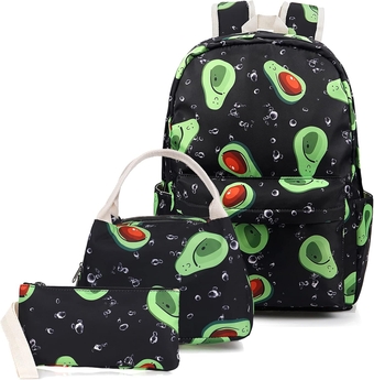 Avocado Backpack Set 3-in-1 Kids School Bag,  Laptop Backpack Lunch Bag Pencil Case Gift for Teen Girls Womens Black