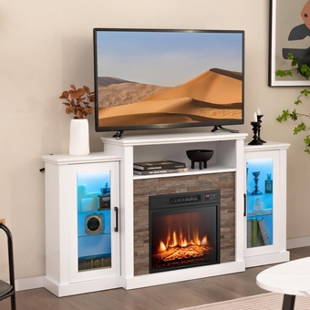 Electric Fireplace TV Stand, Electric Fireplace Mantel with 16-Color Led Lights, Adjustable Glass Shelves, Remote & Smart APP Control, TV Console for Living Room (White)