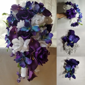 Purple White Rose Calla Lily Orchid Bridal Wedding Bouquet Accessories 6" Cake Topper
