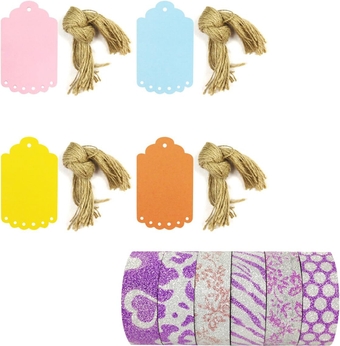 Set of 6 Washi Tape + 40 Large Scalloped Multi-Color Gift Tags with Cut Strings for Gifts, Crafts & Price Tags, Value Pack, Purple Glitter