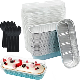 Mini Loaf Pans with Lids and Spoons (50 Pack, 6.8oz) Rectangle Aluminum Foil Mini Loaf Baking Pans Disposable Baking Containers Muffin Baking Tins