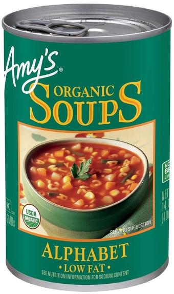 Amy’s Soup, Vegan Alphabet Soup, Low Fat, Made With Organic Potatoes, Carrots and Green Beans, Canned Soup, 14.1 Oz