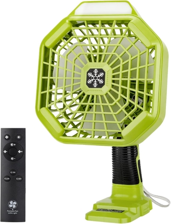 Camping Fan 7" 18v fan Personal Battery Powered Cordless Fan 18 Volt One+ Li-ion Ni-CD Ni-MH Battery, Portable Fan with light and remote, 3 Energy Efficient Speed Settings