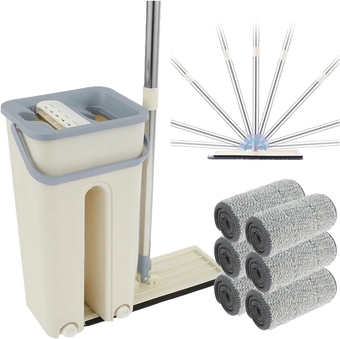 Mop and Bucket Set Wet and Dry Use Floor Mops Adjustable Microfiber Flat Mop with Stainless Steel Handle and 6 Reusable Mop Pads