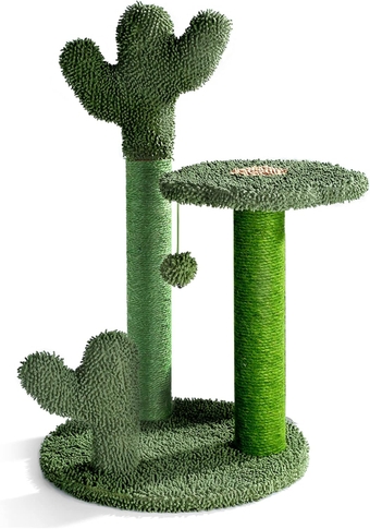 27" Tall Cat Scratching Post - Cactus Cat Scratcher Tower with 3 Scratch Post and Dangling Bell Ball, Full Wrapped Premium Natural Sisal Scratching Post for Indoor Cats - Large