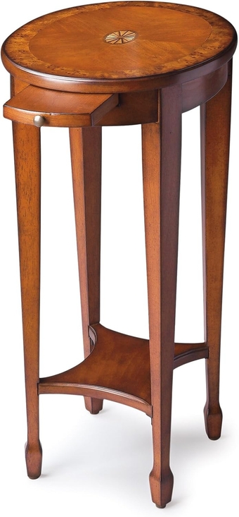 Tables - Coventry Inlaid Side Table with Pull Out Shelf - Olive Ash Burl Finish - Pedestal Table