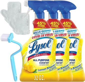 3-Pack Lysol®' All-Purpose Cleaner - Sanitizing Spray to Clean and Deodorize, Lemon Breeze Scent - 32 fl oz Each - Bonus: (1) Microfiber Gloves + (1) V-Type Toilet Brush