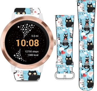 (Hearts in Love Cats) Patterned Replacement Leather Wristband Strap Compatible with Garmin Vivoactive 3 / Vivoactive 3 Music/Vivomove