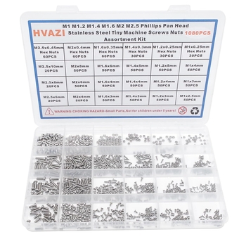 Metric M1 M1.2 M1.4 M1.6 M2 M2.5 304 Stainless Steel Phillips Pan Head Tiny Machine Screws Nuts Assortment Kit