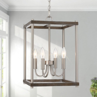 4-light Nickel Farmhouse Chandelier, Rustic Faux Wood Lantern Pendant Ceiling Light, Adjustable Height Square Cage Chandeliers for Kitchen Island Dining Room Living Room Bedrooms Entryway