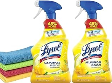 Lysol' All-Purpose Cleaner Spray | Bundled with 4 Microfiber Cleaning Cloths | Lemon Breeze Scent, 32oz, Pack of 2