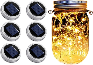 Mason Jar Solar Lights Lids,6 Pack 20 LED Bulbs Solar String Lights (NO Jars&Hanger), Garden Shed Windows Decor Lanterns Fairy Lights Outdoor