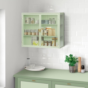 27.56" Metal Wall Storage Cabinet with Glass Doors, 3 Tier Storage Shelves, Accent Medicine Cabinet Wall Cabinet w/Detachable Shelves for Display & Storage (A-Mint Green)