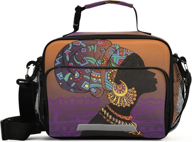 African Girls Lunch Box Purple India Chic School Kids Lunch Bag for Teens Snacks Insulated Cooler Tote Ice Pack Freezable, Fits Bento Boxes, External Bottle Holder