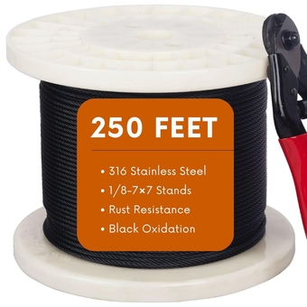 250ft 1/8" Black Wire Rope Cable, T316 Stainless Steel Marine Grade for Cable Railing, Stairs and Fences -Flexible 7 x 7 Strands Construction