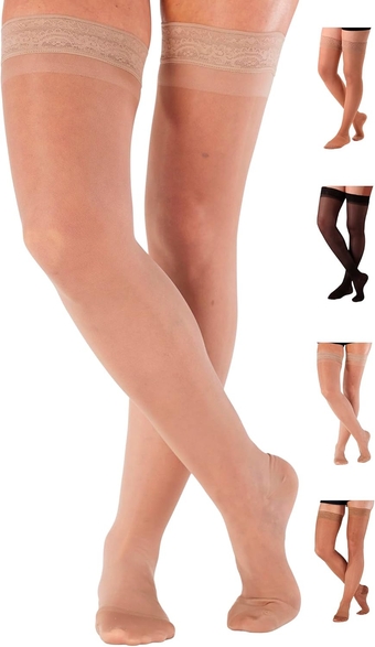 Made in USA - Compression Thigh High for Women 15-20mmHg - Womens Support Stockings with Silicone Border for Varicose Veins Circulation, Edema, Arthritis - Nude, Medium - A102NU2