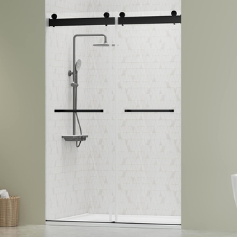 44"-48"W x 75"H Frameless Shower Door, Double Sliding Shower Door, 5/16"(8mm) Clear Tempered Glass, Noiseless Shatterproof Shower Door with Square Rail, Stainless Steel, Aluminum, Matte Black