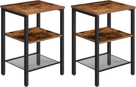 Set of 2 Side Tables, 3-Tier End Tables with Adjustable Shelf, Industrial Nightstands for Small Space in Living Room, Bedroom and Balcony, Stable Metal Frame, Rustic Brown BF12BZ01