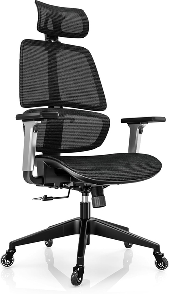 High-Back Office Chair, Swivel Ergonomic Task Chair with Adjustable Headrest and Arms, Lumbar Support and PU Wheels, Computer Mesh Chair for Home Office, Black