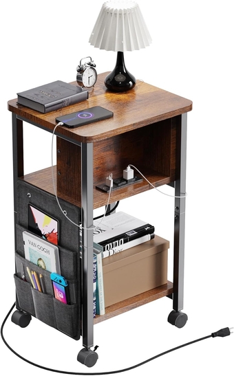 Small End Table with Charger, Side Table on Wheels, Mobile Nightstand with USB Ports, Rustic Wood Sofa Side Table with Storage for Small Spaces, Living Room, Bedroom, Home Office