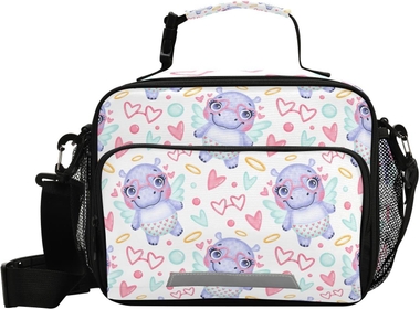 Kids Cute Lunch Bags Insulated Zipper Over 3 Years Old Tote Large Box for Children Womens Water-Resistant for Picnic School Office Work Funny Cute Cartoon Hippo Cupid Valentine Day