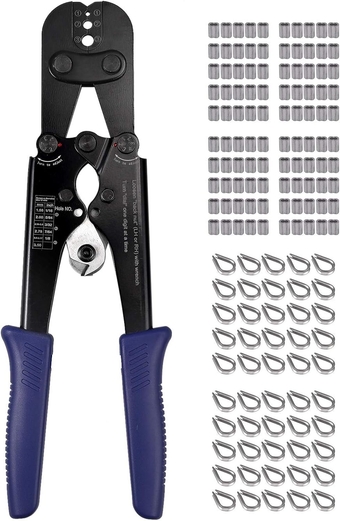 2 in 1 Wire Rope Crimping Tool & Cutter from 1/16inch to 1/8inch with 100pcs 1/8inch Aluminum Crimping Loop Sleeve Assortment+ 50pcs M3 Stainless Steel Wire Rope Cable Thimble Rigging