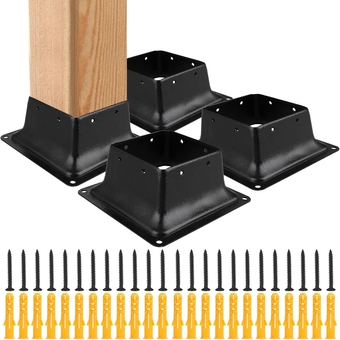 4" x 4" Post Base, 4PCS Black Square Deck Post Base with Screws, Post Brackets for Standard Wood Post Anchor Deck Base Plate (Actual：3.5×3.5inch)