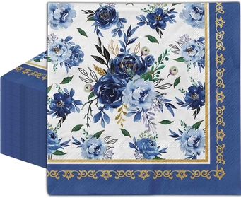 80 Pack Navy Blue Floral Paper Napkins Blue White Flower Disposable Luncheon Napkins Gold Frame Dessert Dinner Hand Napkin for Home Kitchen Wedding Birthday Baby Shower, 6.5 x 6.5 Inch