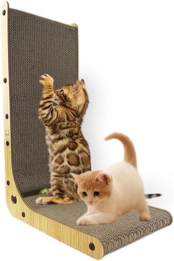 L Shape Cardboard Cat Scratcher, 23.6inch Vertical Cat Scratching Board Scratching Pad with Ball Toy for Indoor Cats, Protecting Furniture Cat Scratch Pad with Solid Wood Frame