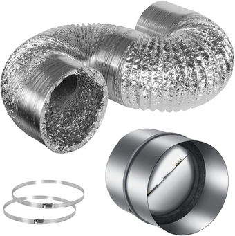 16 Feet Non-Insulated Flex Air Aluminum Ducting and 6 Inch Backdraft Shutter Damper for HVAC Extractor Fan Vent, 6 in 16ft, 2 Clamps Included