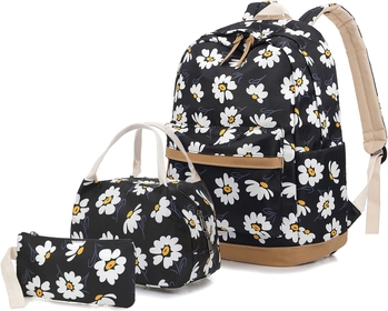 Flowers Backpack Kids School Bag 3-in-1 Bookbag Set,  Laptop Backpack Lunch Bag Pencil Case Gift for Teen Girls Womens Daisy Black
