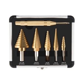 HSS 5PCS Titanium Step Drill Bit Set with Automatic Center Punch for Sheet Metal with Aluminum Case, 50 Sizes in 5 High Speed Multiple Hole Stepped Up Steel Bits for DIY Lovers