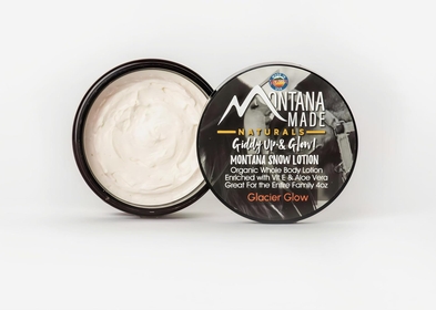Montana Snow Lotion - Organic Hydrating daily moisturizing lotion for dry skin, Shea body lotion, 100% natural non toxic body lotion, Vit E and aloe vera 4oz (Glacier Glow 4oz)