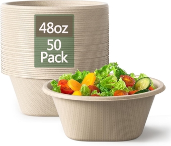 48 Oz Disposable Salad Bowls - Heavy Duty and Compostable Bowls - Made from 100% Sugarcane Fiber, Microwave Safe - Large Paper Bowls for Soup, Salad, Ramen, Popcorn, etc. [50 Pack]