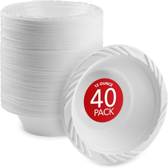 (40 Pack) 12 oz Elegant White Plastic Bowls for Parties Small Disposable Bowl for Fancy Dinner or Cocktail Party, Soup and Salad, Thick and Sturdy