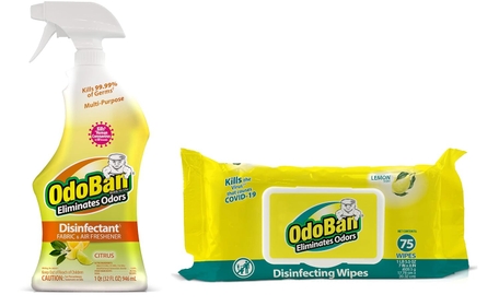 Disinfectant and Odor Eliminating Set, 32 Ounce Ready-to-Use Cleaner and Fabric/Air Freshener Spray, Citrus Scent, Package of 75 Multi-Purpose Wipes, Lemon Scent