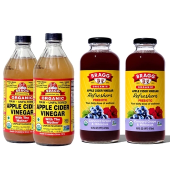 Organic Apple Cider Vinegar With the Mother 16 Ounce 2 Pack and  Organic Apple Cinnamon Vinegar Drink 16 Ounce 2 Pack Bundle