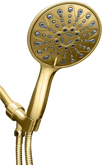 Elite: ImperialShine Gold Finish Hand Held Rain Shower Head, Large 6 inch 6 Spray Settings Handheld Rainfall Showerhead with Long Stainless Steel Hose, (Polished Brass/ImperialShine Gold)