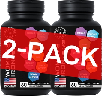 Vegan Iron Supplements for Women with Folic Acid - 168% Folate Folic Acid, 194% Ferrous Sulfate Blood Builder Iron Pills for Women with Anemia and Pregnant Women - 2-Pack, 120 Gentle Iron Tablets